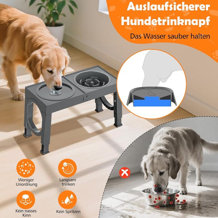 Набір мисок для собак X-BEN 3-в-1: миска для води з захистом від пролиття 1.4L, миска від захлипування 1L, годівниця з 5 рівнями регулювання висоти, для середніх та великих собак, антиковзаюча, сіра