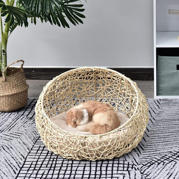 PawHut Ліжко для котів з ротангу з подушкою, котяча хатинка, кошик, лежак для собак і котів, бежевий, Ø56 x 35 см