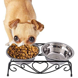 Набір мисок для собак з підставкою, нержавіюча сталь, подвійний набір, миски для корму та води, підставка-регуал, ретро-дизайн, піднята конструкція, 10,2 x 5,5 x 3,3