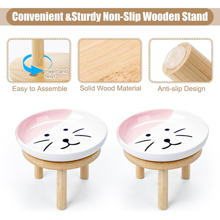 Набір мисок для котів з бамбукового підставки, 15 см, кераміка, 2 шт. (зелений/рожевий)