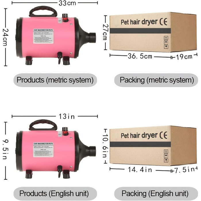 Фен для собак, 2800W, тихий, регульована швидкість та температура, 4 насадки (рожевий)
