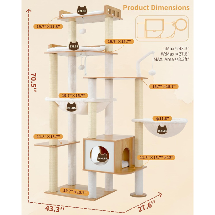 Дерев'яний котячий комплекс Heybly Kratzbaum HCT121WB: 179 см, платформа, будиночок, гамак, сизаль, стабільний, легка збірка