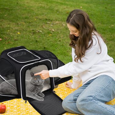 Транспортна сумка для котів та собак PETCUTE, складана переноска для собак з виймальною підстилкою, страхувальний поводок, дихаюча переноска для тварин в авто для подорожей (Чорний+Білий)