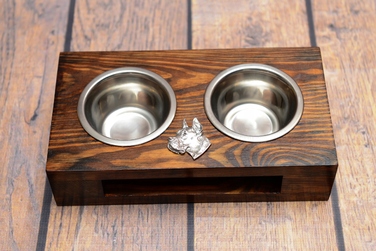 Дерев'яна підставка з мисками для собак, сталеві миски, ручна робота — Німецький дог
