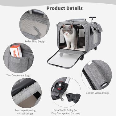 Транспортна сумка для котів PETCUTE з колесами, дихаюча переноска для 2 котів, складана переноска для собак з телескопічною ручкою, знімний килимок, ідеальна для подорожей, темно-сіра