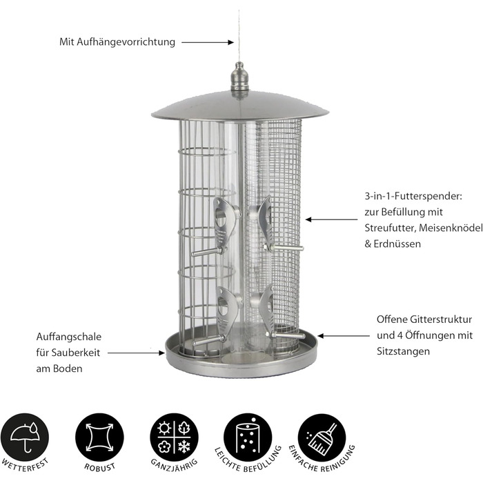 Годівниця для птахів Dehner Natura Premium Triple - 3 в 1, металева, срібна, Ø 22 см, 36.5 см