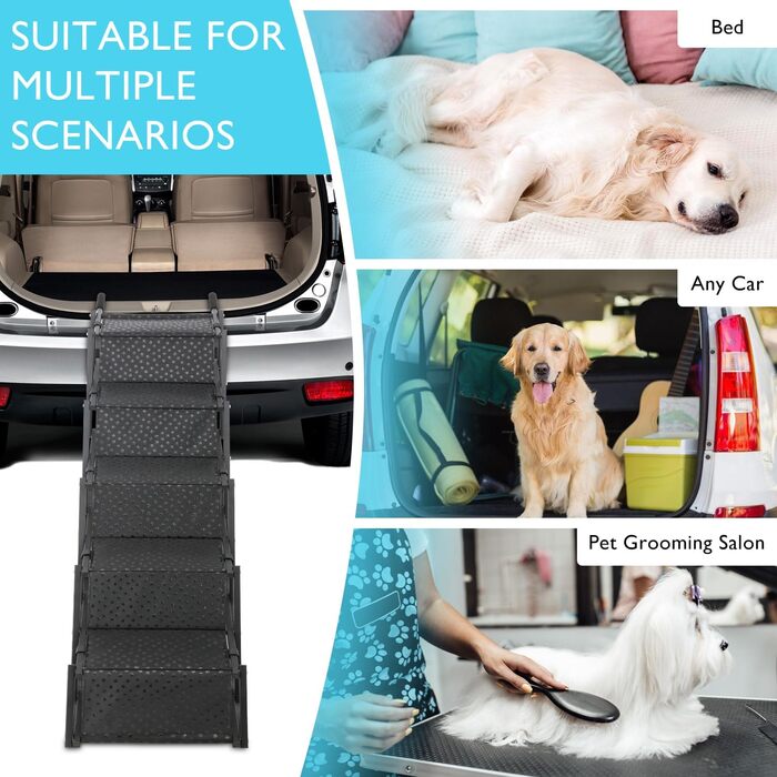Лебіу - сходинка для собак у машину, портативна складна рамка для собак, SUV, вантажівки, легка рамка для великих собак з антиковзким покриттям, посилена сходинка для собак, підтримує до 90.7 кг, 5 сходинок