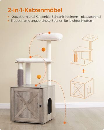 Котячий комплекс Feandrea WoodyWonders 2-в-1 з когтеточкою, туалетом у шафі, 134 см, з драпаком, платформою, знімними подушками, грейж