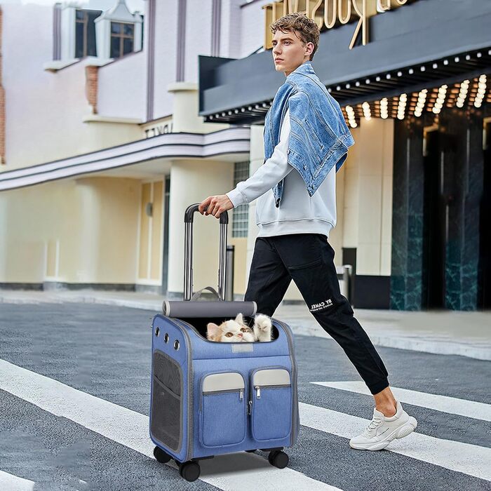 PETCUTE Рюкзак-переноска для котів та собак з візком 2 в 1 до 11 кг, складаний, з підкладкою, багатофункціональний, дихаючий, для подорожей (Блакитний)