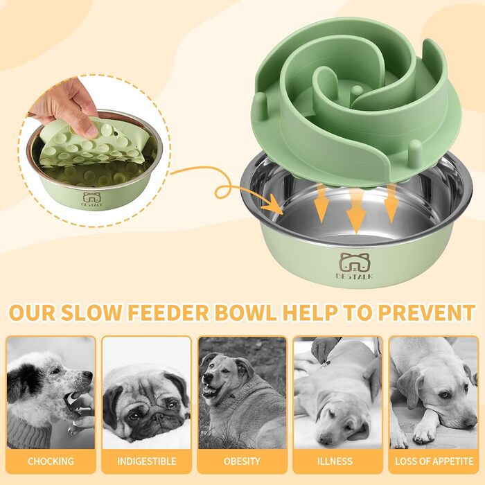 Миска для собак 2 в 1 Slow Feeder, нержавіюча сталь Bestalk, з вставкою Slow Feeder з силікону, 304, миска для води та їжі з антиковзним дном, для маленьких, середніх та великих собак (5 чашок, зелена)