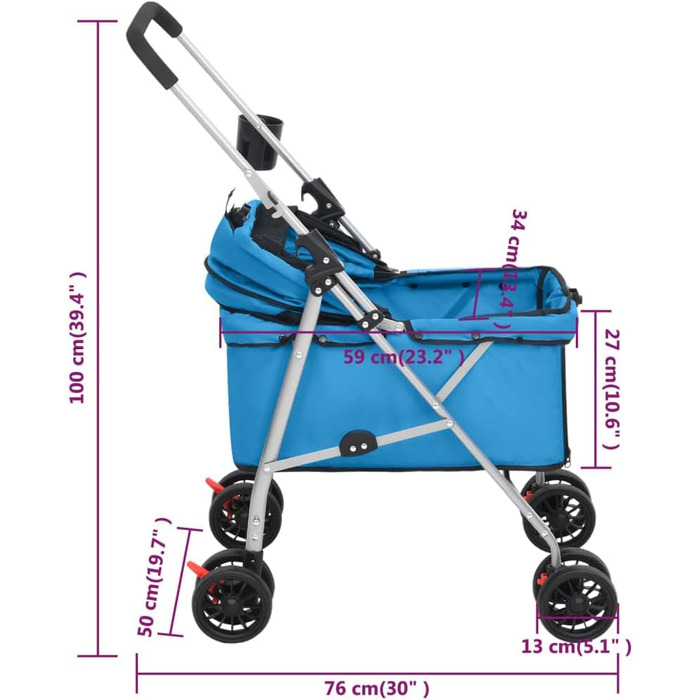 Складаний візок для собак vidaXL 76x50x100 см, синій, оксфордська тканина