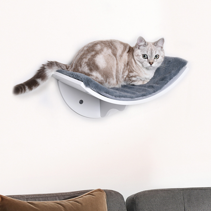 PawHut Cat Bed Настінний стильний шезлонг для кішок з плюшевою подушечкою з МДФ Легка установка в білому сірому кольорі 41x28x21см