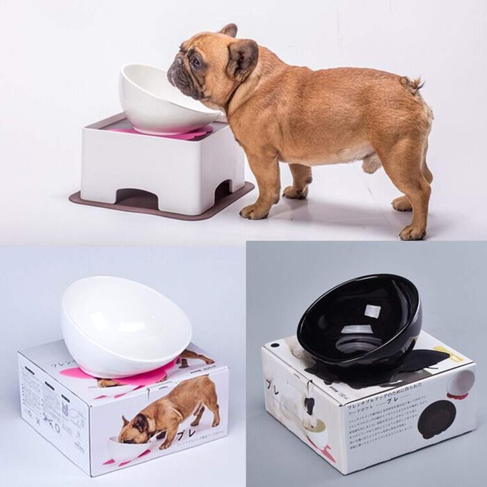 Керамічна миска JYHY Bulldog для собак і котів, біла, з підставкою, широка стерильна, похила, з нековзким гумовим килимком, 1,5 склянки