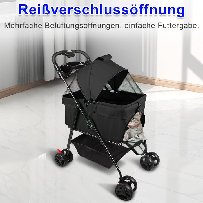 Візок для домашніх тварин та дітей Homewell 2в1, розкладний, з кошиком для зберігання та тримачем для напоїв, для собак та котів, чорний