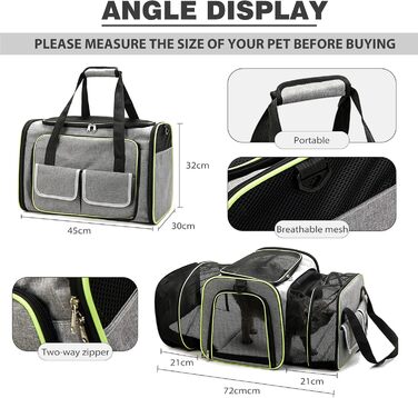 PETCUTE Транспортна сумка для кота, розкладна, з м'яким флісовим ліжком, 2 сторони відкривання, дихаюча сумка-переноска для кота з бічними кишенями, схвалена авіакомпаніями, світло-сіра, M