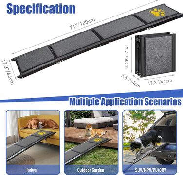 Рампа для собак BACOENG 180 см, автоматичне складання, з антиковзким килимком, для автомобілів, вантажівок та SUV