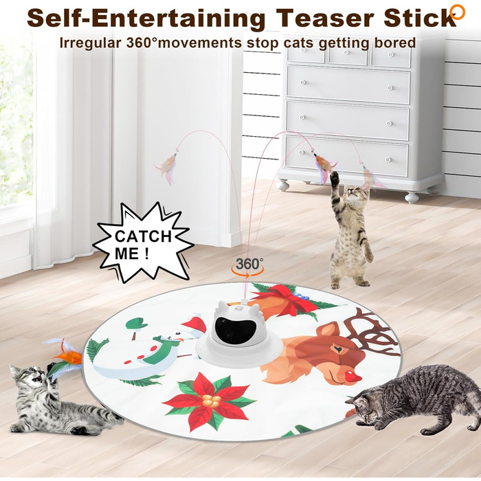 Інтерактивна іграшка для котів 3-в-1 Spessn: хованки, пір'я, лазерний вказівник. Перезаряджувана, для котів будь-якого віку. Біло-червоний дизайн (новорічний стиль)