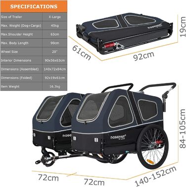 Doggyhut S-Line XL: велосипедно-колясочний візок для собак, 2 в 1, до 45 кг, блакитно-чорний