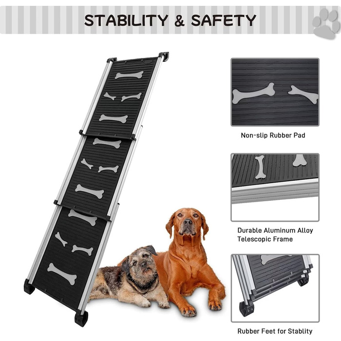 Рампа для собак, складна телескопічна, сіра, 28''x62'' - для великих, середніх та маленьких собак, антиковзка, для авто та SUV