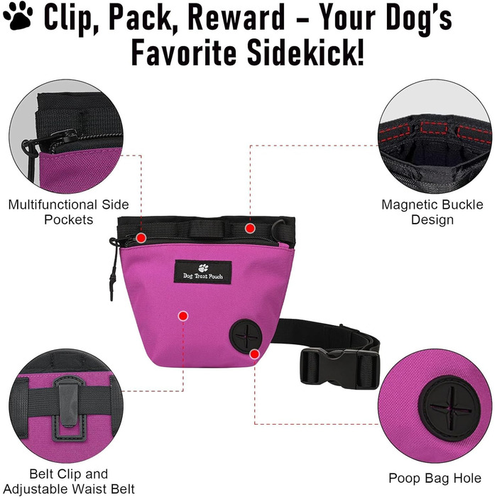 Сумка для ласощів для собак з магнітною застібкою, регульованим поясом, для тренувань, прогулянок на свіжому повітрі (рожева, з принтом тварин)