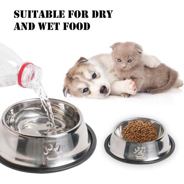 Набори мисок для котів з нержавіючої сталі, 3 шт. - для корму та води, з гумовим дном