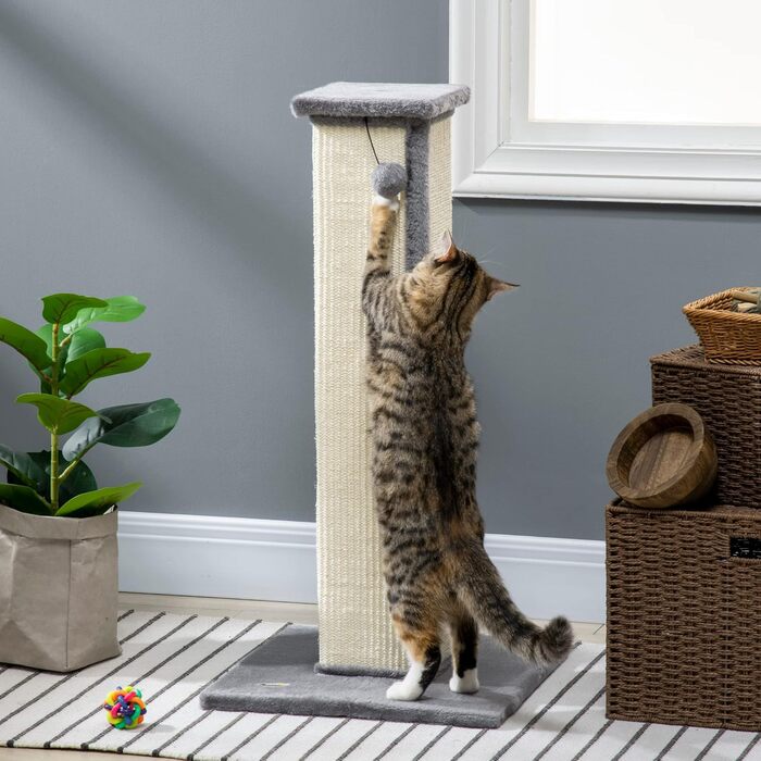 Дряпка для котів PawHut, 81 см, сизалевий стовпчик з іграшкою, для котів до 5 кг, сіро-кремовий, для дому