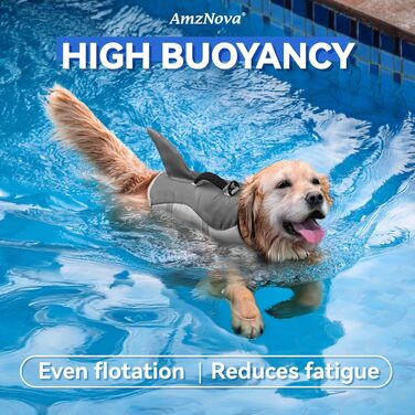 AMZNOVA Жилет для плавання собак 'Shark', з плавниками та хвостом акули, рятувальний жилет для собак, для катання на човні, допомога у плаванні, L, Сірий (66-81 см)