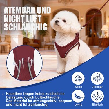 Нашийник та поводок для собак маленьких порід, регульовані, з поглинанням ривка, світловідбиваючий, м'який, дихаючий, для прогулянок, бігу, тренувань (Бордовий S), Винотний S (Окружність шиї: 28-37 см, Окружність грудей: 39-47 см)