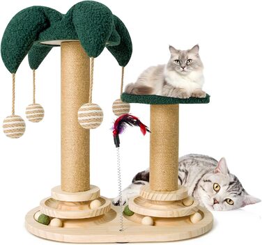Інтерактивне котяче іграшкове комбо 6-в-1: дерев'яні меблі, кулі, пір'я, м'яч-трекер, котячий когтеточки з сизалю та джуту. Підходить для маленьких та середніх котів. Зелений колір.