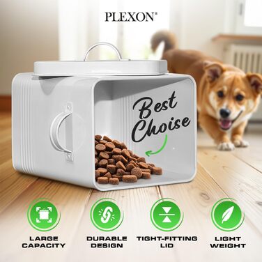 Контейнер для зберігання корму для собак Plexon, металевий, білий, з кришкою та лопаткою, герметичний, для сухого корму та ласощів для домашніх тварин