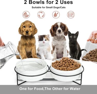 Набір мисок для собак та котів Fanquare з кераміки, сірий мармур, чорний металевий каркас, 400 мл