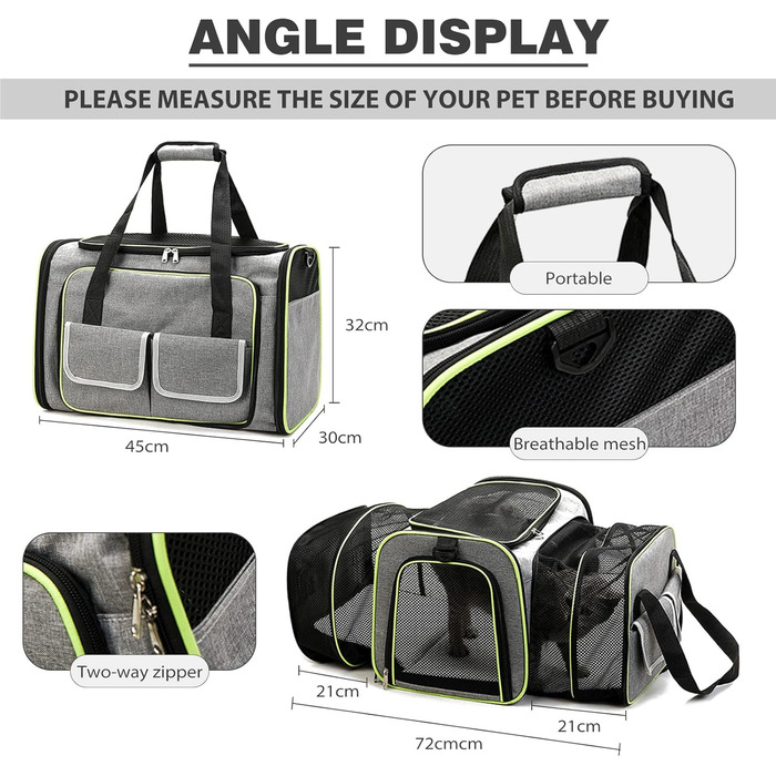 PETCUTE Транспортна сумка для кота, розкладна, з м'яким флісовим ліжком, 2 сторони відкривання, дихаюча сумка-переноска для кота з бічними кишенями, схвалена авіакомпаніями, світло-сіра, M