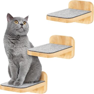 Котяча стінка HAPPYPET із трьох сходинок для монтажу на стіну, натуральне тверде дерево, дизайнерський комплекс для котів, сходи з фетровим покриттям, котяча драбина для активних котів, розмір L 22x24 см