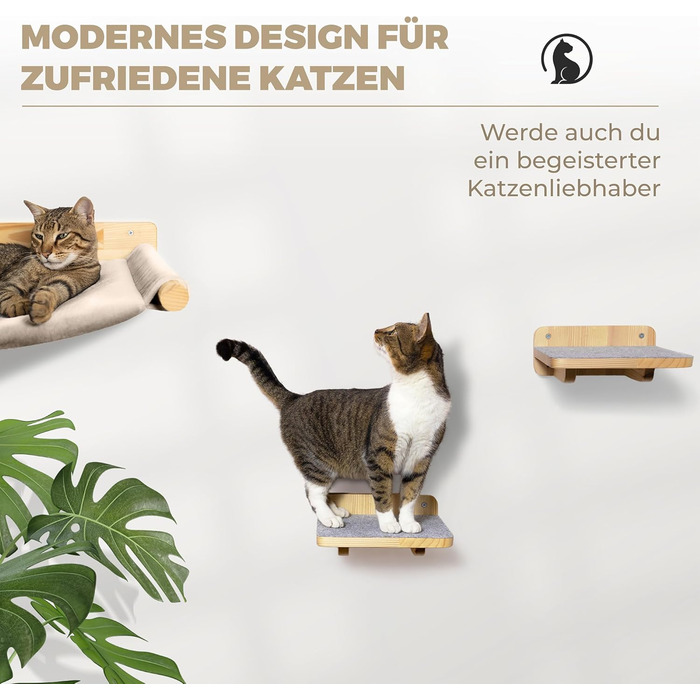 WOOWOOD® Стіна для лазіння котів з 2 сходами, масив дерева, настінний комплекс, гамак, кігтеточка, меблі для котів, повний комплект (5 елементів)