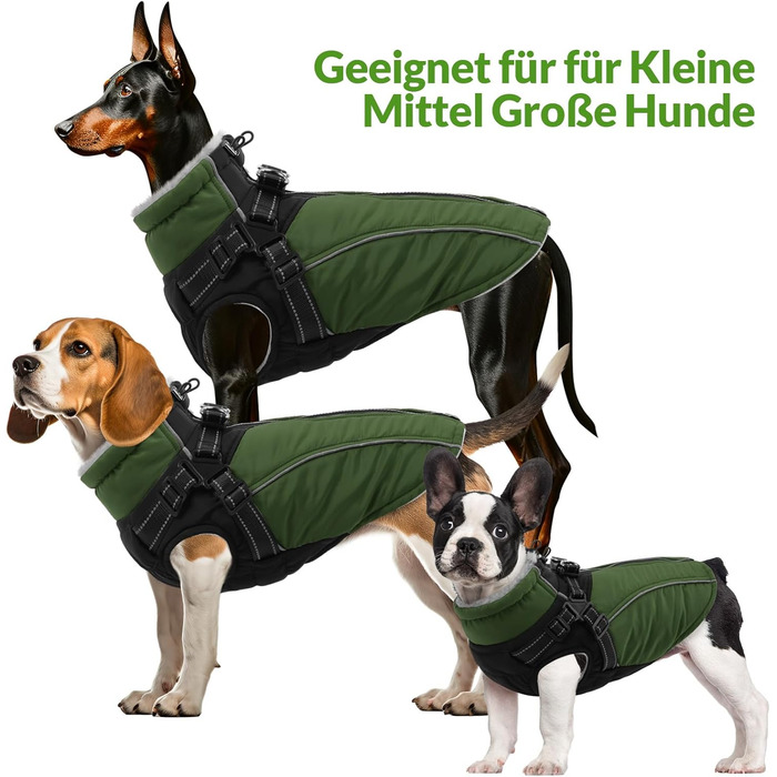 Зимовий теплий одяг для собак Konvinit: куртка з флісу з кріпленням для повідка, світловідбиваюча, для середніх собак, розмір M (53 см обхват грудей), колір зелений