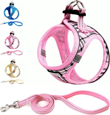Нашийник для собак маленьких порід з повідком, анти-тягнучий, світловідбиваючий, дихаючий, нагрудник для цуценят (S, обхват грудей: 29-33см) (Рожевий в клітинку, XL (обхват грудей: 46-53см, вага: 8-10.5кг))