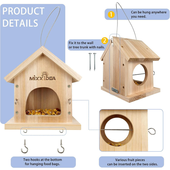 Годівниця для птахів Mixxidea з дерева, багатофункціональна годівниця для диких птахів, підвісна, з кедрової деревини, легко чистити та заповнювати, дерев'яного кольору