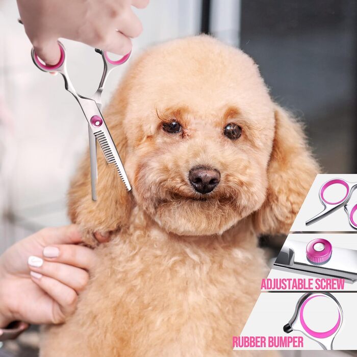Набір професійних ножиць для грумінгу собак Gimars, 4CR, з безпечними закругленими кінцями, титанове покриття, для стрижки та грумінгу, чорний (рожевий, 5-в-1)