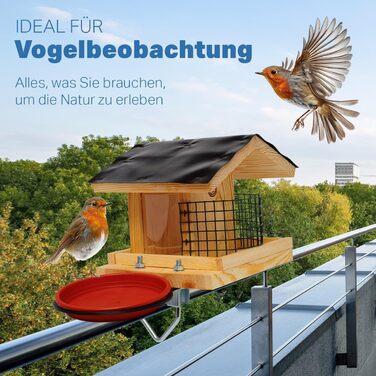 Годівниця для птахів на балкон Vogelfutterhaus, дерев'яна, ручна робота, з кріпленням 30–60 мм, для садових і диких птахів, натуральна, водостійка