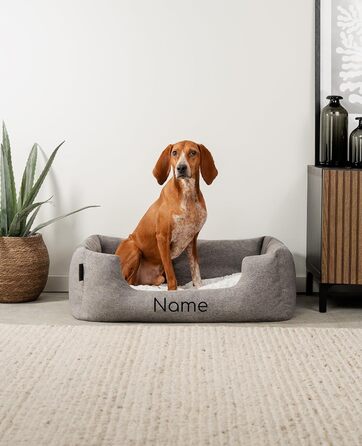 Клітинка для собак Lionto з м'яким двостороннім подушкою, затишне ліжко для домашніх тварин з меланжевим дизайном з глибоким входом для собак та котів усіх розмірів, 80x60 см, м'яке ліжко для собак, сірий (з нанесенням імені), сірий L 80 x W 60 x H 26 см 