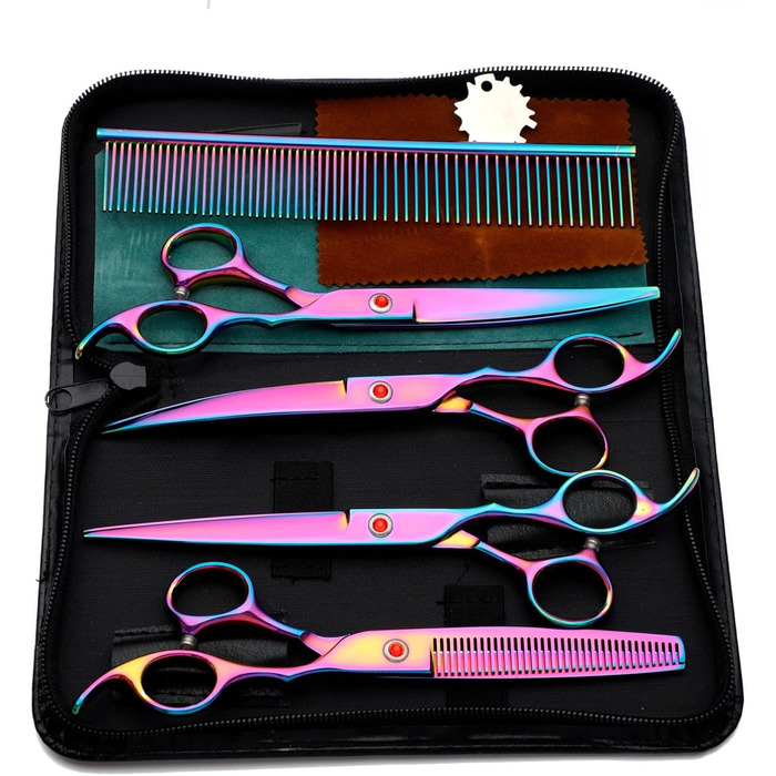 Набір професійних ножиць для грумінгу собак та котів 5-в-1, 7.0 дюймів, з нержавіючої сталі 440C, включає секатор, вигнуті та прямі ножиці, гребінець для шерсті