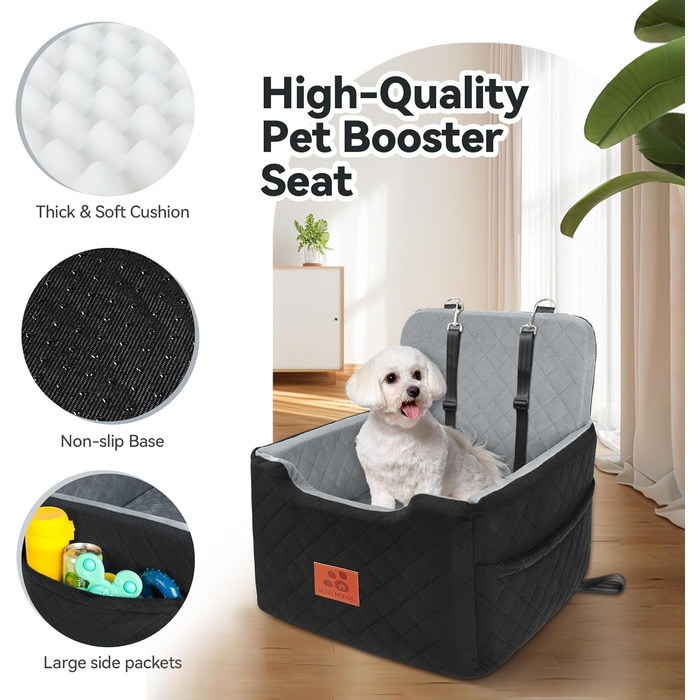 Автокрісло для собак маленьких та середніх порід (до 15 кг), з безпечними ременями, знімний та миючий чохол, чорний/сірий колір