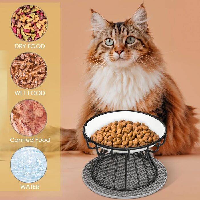 Підвищені годівниці для котів 2 шт. з кераміки з металевим підставкою, миски для котів з силіконовим килимком, станція для годування проти блювоти, миски для котів для корму та води, чорного кольору