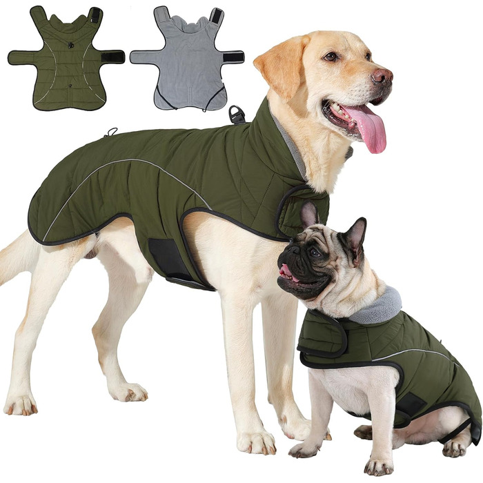 Водонепроникний теплий зимовий одяг для собак Heywean: куртка, жилетка, пуловер з флісу, з D-кільцем, світловідбиваючими елементами, з застібкою-липучкою, для малих, середніх та великих собак, зелений