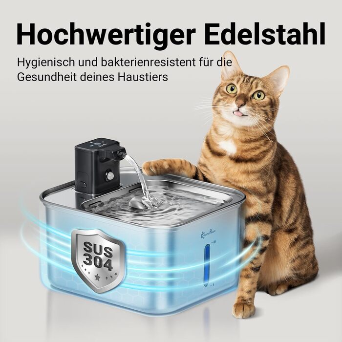 Ка fountain для котів DownyPaws: нержавіюча сталь, бездротовий, з датчиком руху, 3л, тихий, легкий у чищенні