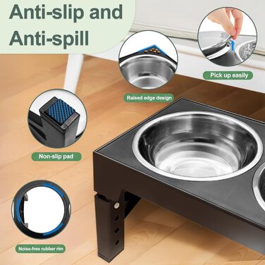 Підвищена годівниця для собак з регулюванням висоти (5 рівнів: 8см, 22см, 25см, 28см, 31см), з 2 мисками з нержавіючої сталі та 1 мискою для повільного годування, для собак маленьких, середніх та великих порід, з неслизьким дном, з BPA-free пластику, чорн