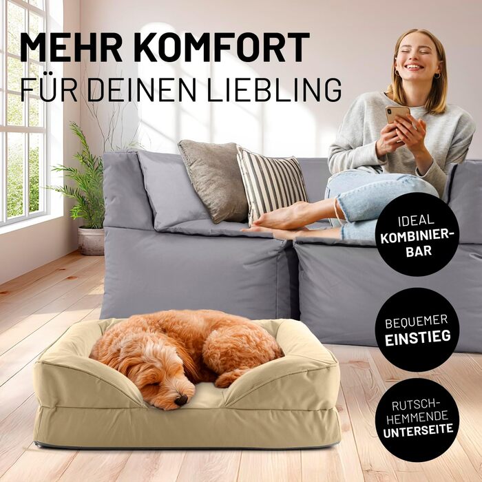 Ортопедичне собаче ліжко Lumaland Outdoor & Indoor | Зручне собаче ліжко-софа 70x60 см - ідеально для маленьких собак | Нековзне дно | Зручна, водонепроникна підстилка для собак Beige S - для дому та вулиці - 70x60 см