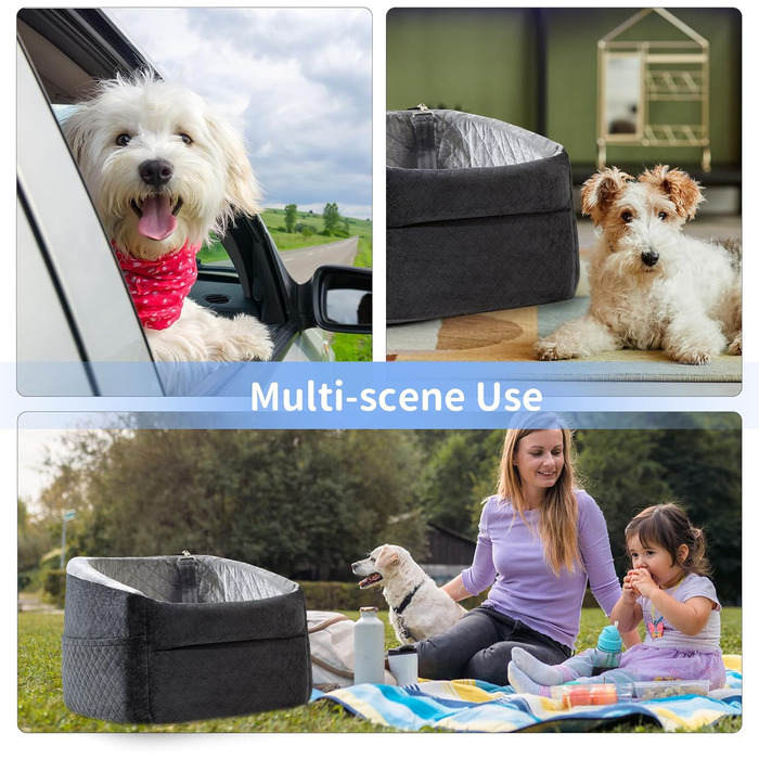 Автокрісло для собак - оновлена версія, Memory Foam, сірий колір, для малих та середніх собак до 15,9 кг, з безпечною шнуркою, знімне та миється