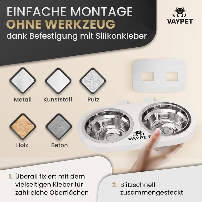 Підвищений годівниця для котів VAYPET® з силіконовим клеєм для кріплення на стіну без свердління. Плавучий годівниця для котів для зручного положення. Надійний годівниця з нержавіючої сталі білого кольору.