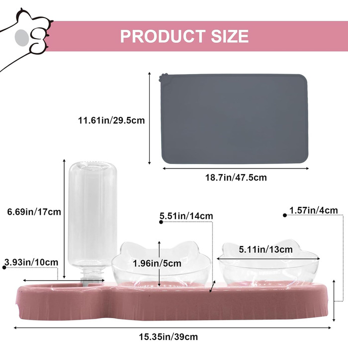 Набір мисок для котів та собак з диспенсером води, килимомком та лопаткою. Нахил 15°, миски для вологого та сухого корму, рожевий колір